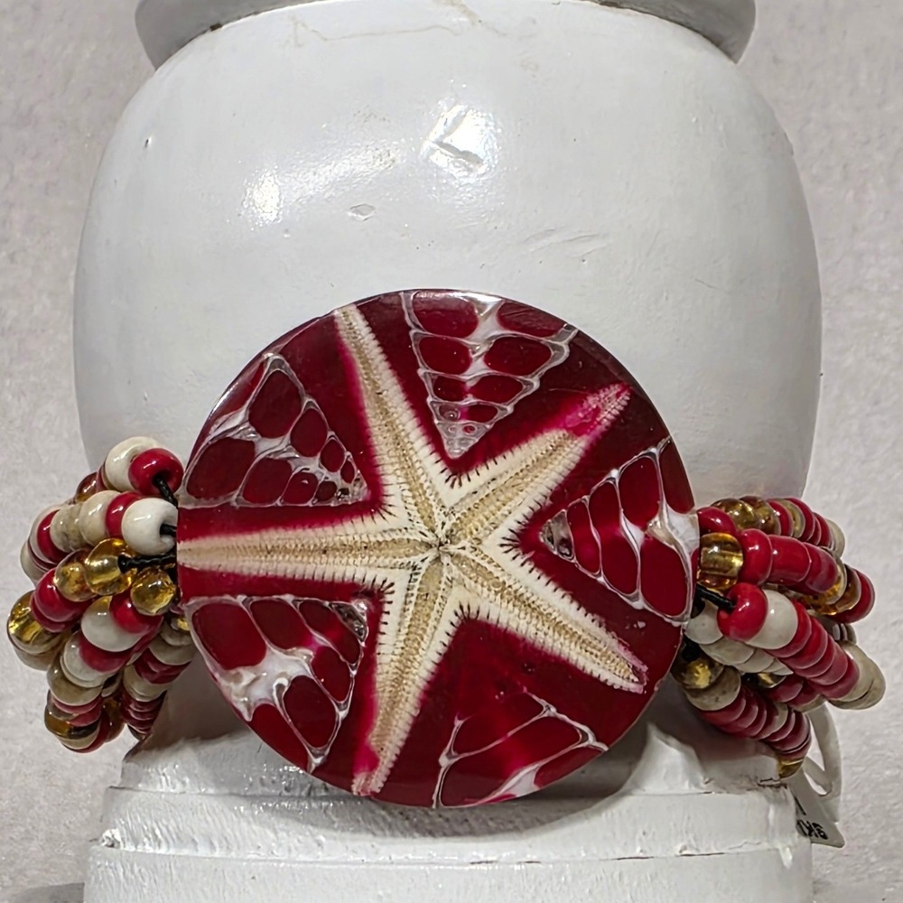 NEW Unique Beaded Bracelet Starfish Charm‎ Red White Gold Boho Beach Vacation